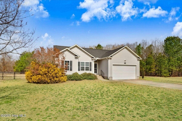 ranch-style house with an attached garage, driveway, a front lawn, and fence