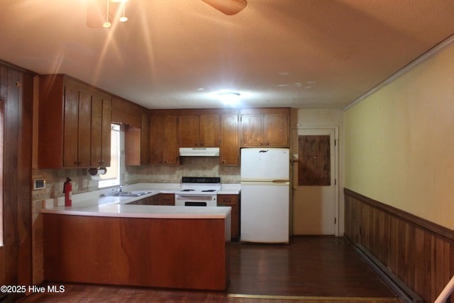 kitchen with under cabinet range hood, a wainscoted wall, a peninsula, white appliances, and light countertops