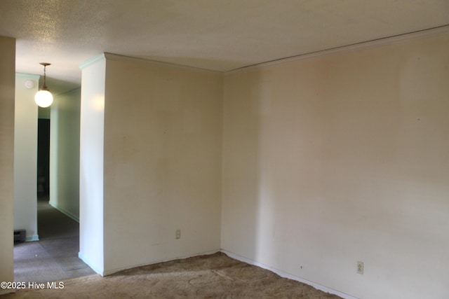 empty room with a textured ceiling, ornamental molding, and light carpet