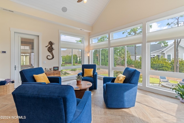 3982 Wyndmere Dr, Southport, NC 28461 - sunroom featuring high vaulted ceiling and wood ceiling