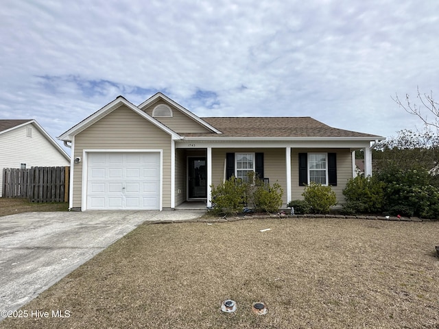 single story home with a shingled roof, concrete driveway, fence, and an attached garage