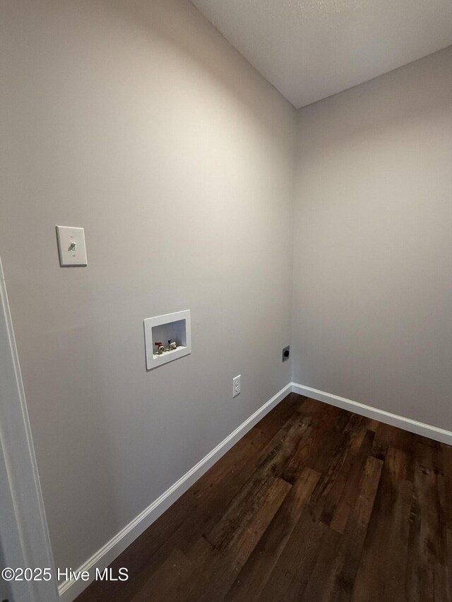 laundry room featuring laundry area, washer hookup, baseboards, dark wood-style floors, and electric dryer hookup