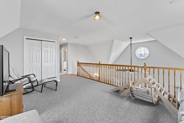 sitting room with lofted ceiling, carpet, and a textured ceiling