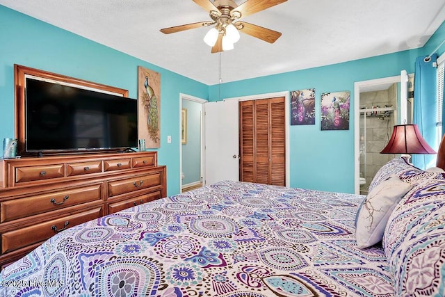 bedroom featuring ensuite bath, a closet, and ceiling fan