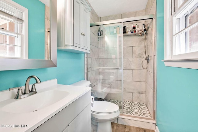 full bathroom featuring vanity, toilet, wood finished floors, and a shower stall