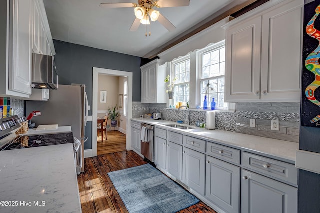 kitchen with white cabinets, dark wood finished floors, stainless steel appliances, and a sink