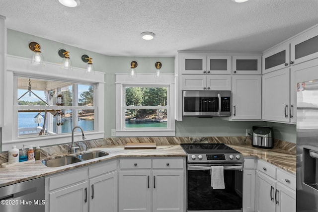 kitchen featuring white cabinets, appliances with stainless steel finishes, glass insert cabinets, and a sink