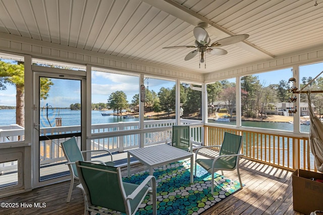 sunroom featuring wood ceiling, a ceiling fan, and a water view