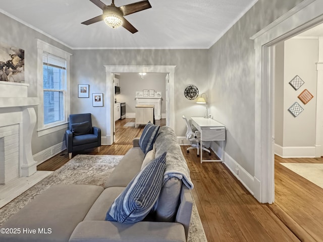 living area featuring wood-type flooring, ornamental molding, and a fireplace