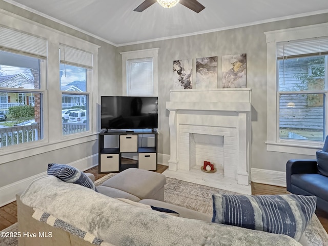 living area with baseboards, plenty of natural light, a fireplace, and crown molding