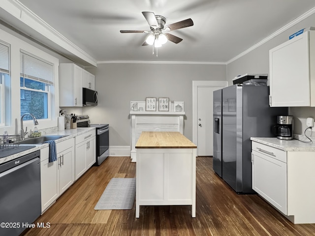 kitchen featuring dark wood-type flooring, a sink, wood counters, stainless steel appliances, and crown molding