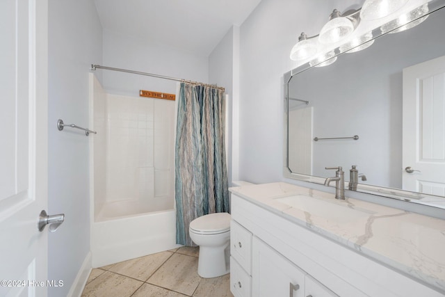 full bath featuring tile patterned flooring, vanity, toilet, and shower / bathtub combination with curtain