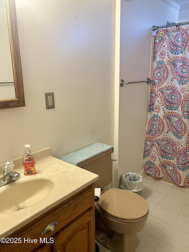 full bath with curtained shower, vanity, toilet, and tile patterned floors