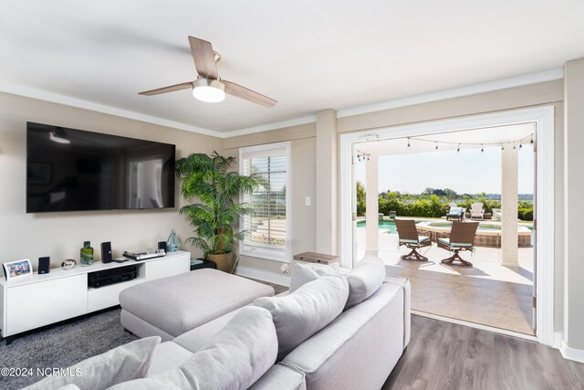 living room featuring baseboards, wood finished floors, track lighting, and a ceiling fan