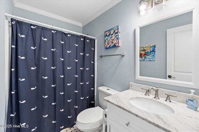 220 W Dolphin Dr, Oak Island, NC 28465 - bathroom with toilet, crown molding, vanity, and a shower with shower curtain