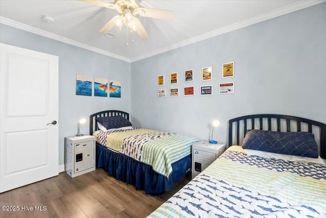 220 W Dolphin Dr, Oak Island, NC 28465 - bedroom with dark wood-style floors, crown molding, and a ceiling fan