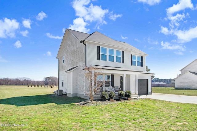 traditional-style home featuring a porch, a front yard, central AC, a garage, and driveway