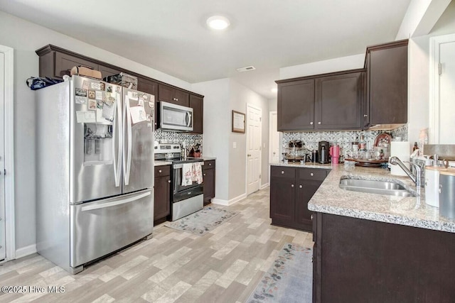 kitchen with dark brown cabinetry, a sink, visible vents, appliances with stainless steel finishes, and decorative backsplash