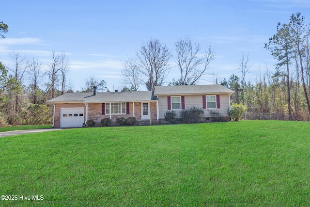 ranch-style home with driveway, a garage, crawl space, fence, and a front yard