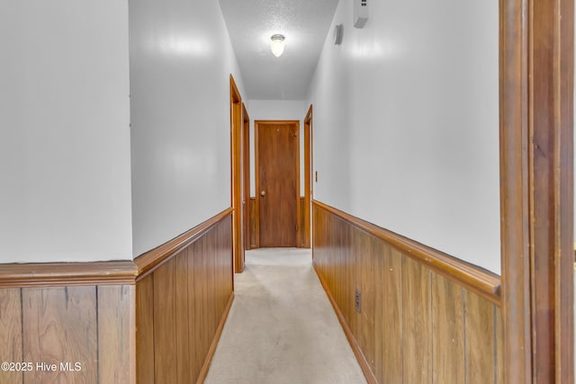 hallway with a wainscoted wall, wooden walls, a textured ceiling, and light colored carpet