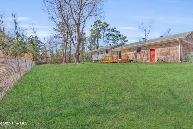 view of yard featuring a fenced backyard and a deck