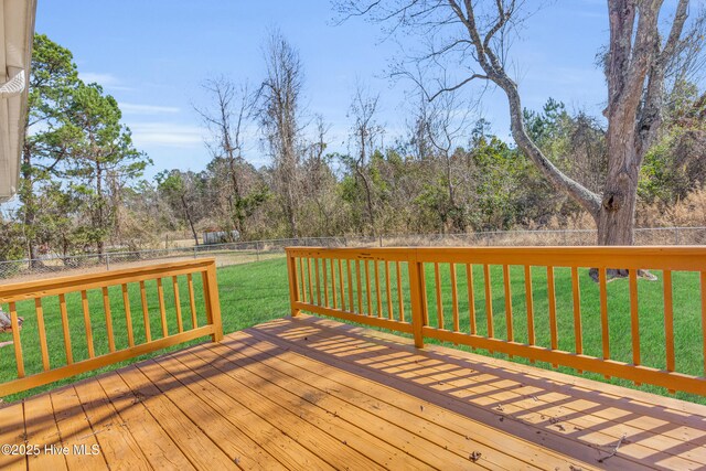 wooden terrace with a fenced backyard and a yard