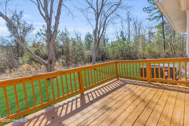 wooden deck with a fenced backyard and a lawn