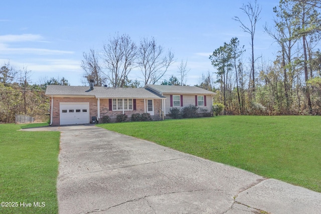 ranch-style home with a front lawn, brick siding, driveway, and an attached garage