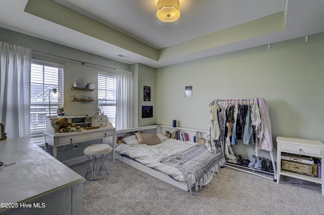 bedroom with carpet floors, visible vents, and a raised ceiling