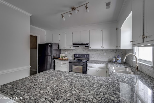 kitchen featuring under cabinet range hood, a sink, white cabinetry, ornamental molding, and black appliances