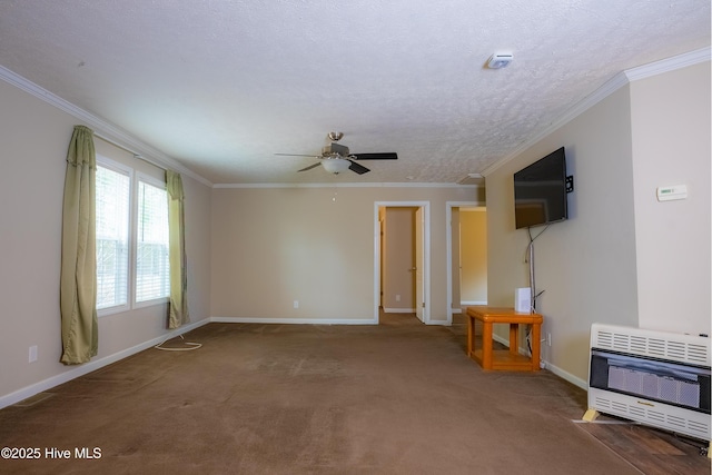 carpeted living room featuring ceiling fan, a textured ceiling, baseboards, ornamental molding, and heating unit