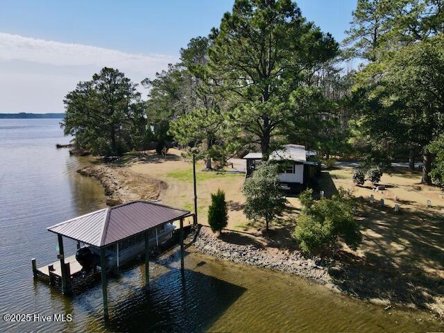 view of dock with a water view and boat lift