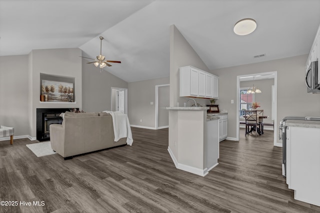 kitchen featuring dark wood-style flooring, a fireplace, stainless steel electric stove, open floor plan, and white cabinets