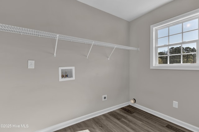 laundry area featuring dark wood-style floors, washer hookup, electric dryer hookup, laundry area, and baseboards