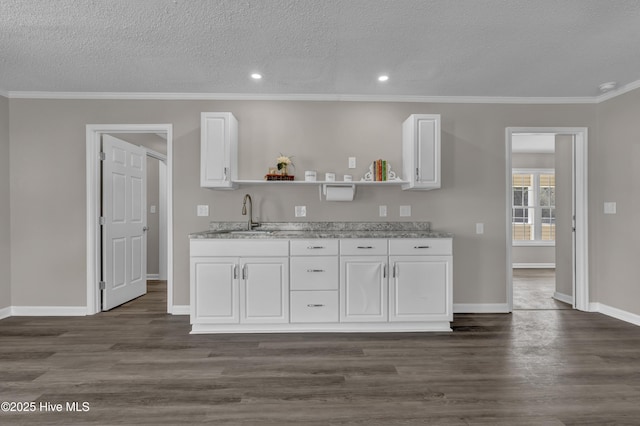 kitchen featuring white cabinets, dark wood finished floors, open shelves, and a sink