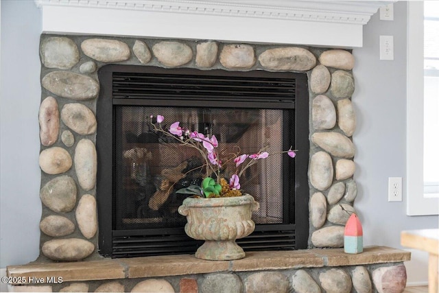 interior details with a stone fireplace