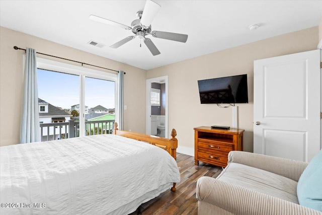 bedroom with access to exterior, dark wood-style floors, visible vents, a ceiling fan, and baseboards