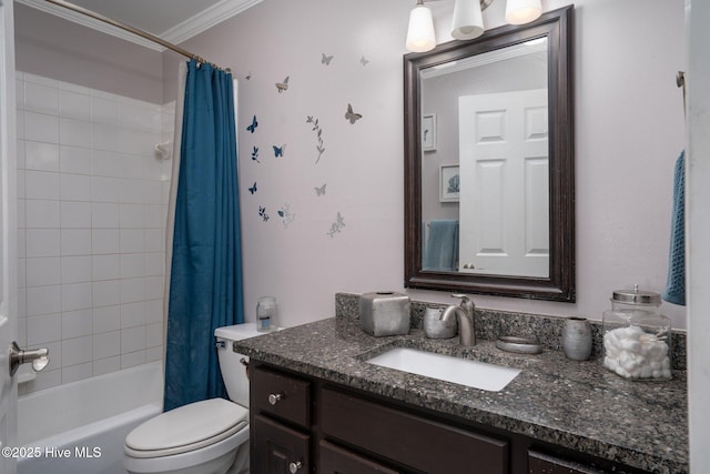 bathroom with toilet, ornamental molding, shower / bath combination with curtain, and vanity