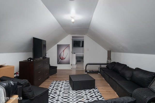 living area featuring vaulted ceiling and light wood finished floors