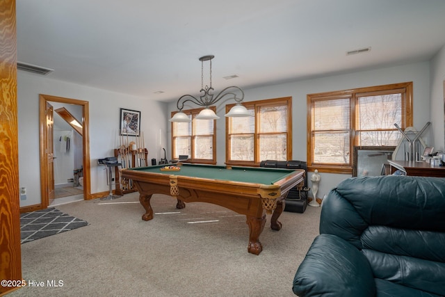 playroom featuring pool table, carpet, and visible vents