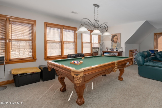 playroom with pool table, visible vents, and carpet flooring