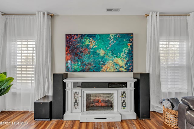 living area with a fireplace with raised hearth, plenty of natural light, visible vents, and wood finished floors