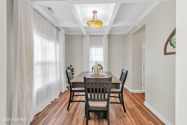 dining room featuring baseboards, visible vents, coffered ceiling, wood finished floors, and beamed ceiling