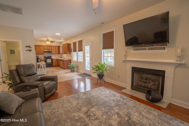 living room with a ceiling fan, a fireplace with flush hearth, visible vents, and light wood-style floors