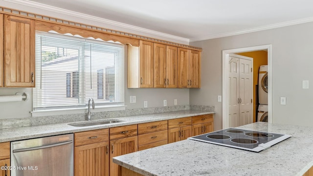 kitchen with electric cooktop, a sink, stacked washing maching and dryer, dishwasher, and crown molding