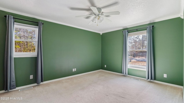 carpeted empty room featuring a textured ceiling, a ceiling fan, visible vents, and crown molding