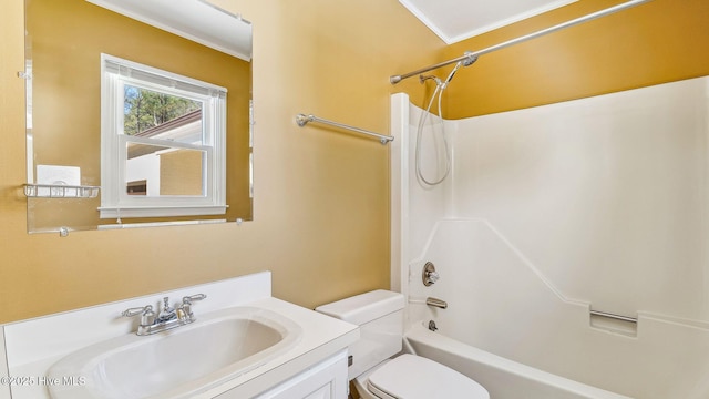 full bath with toilet, ornamental molding, bathtub / shower combination, and vanity