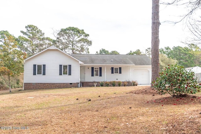 single story home with crawl space, an attached garage, and a front yard