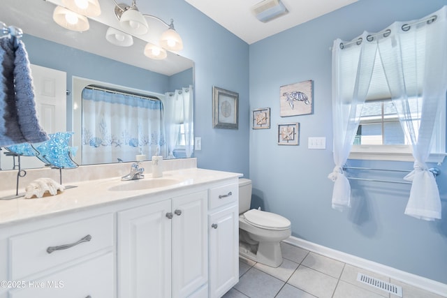 bathroom with toilet, tile patterned flooring, visible vents, and vanity