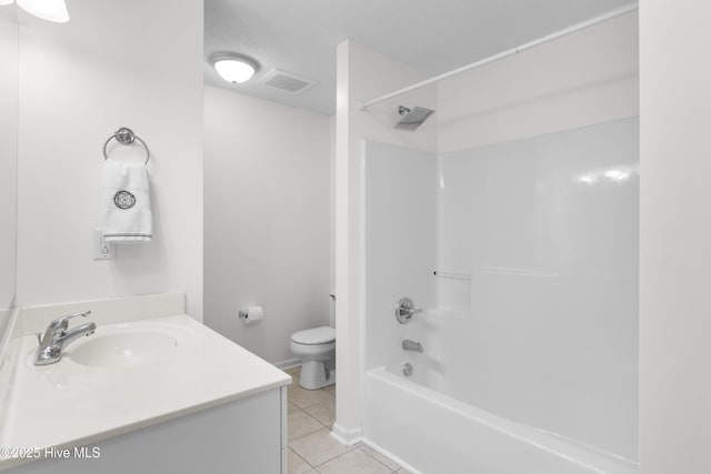 bathroom featuring shower / bath combination, visible vents, toilet, a textured ceiling, and tile patterned floors